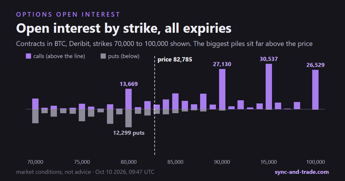 Options open interest by strike for Bitcoin on Deribit, strikes 70,000 to 100,000, calls above the line and puts below, October 10 2026